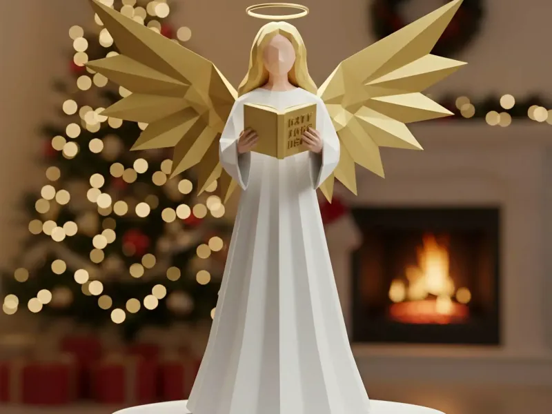 Christmas angel reads a prayer low poly