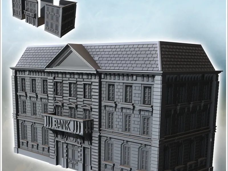 Grand neo-classical bank building with a sign central balcon