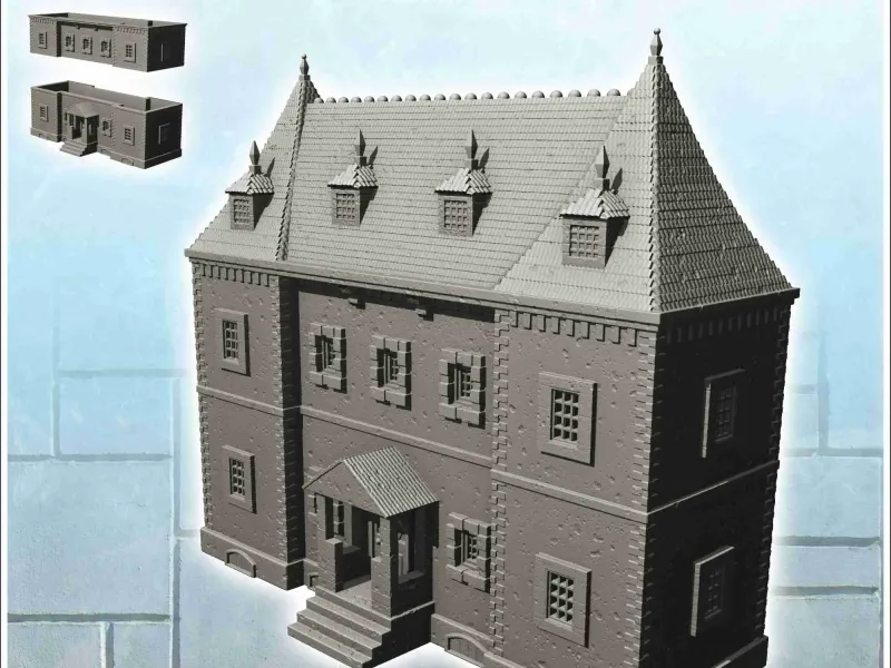 Large modern house with high spiked roof and canopy entrance