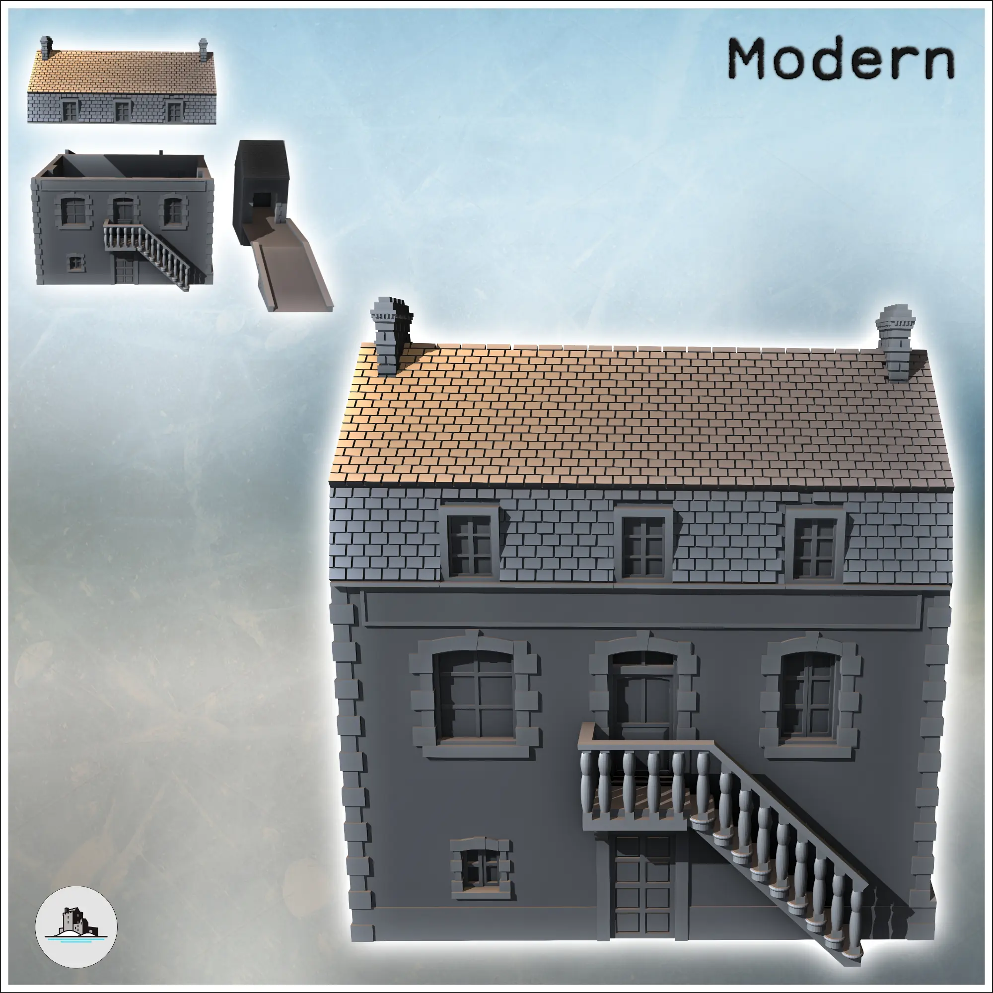 Modernes Gebäude mit Mansardendach, Zugangstreppe und Mol