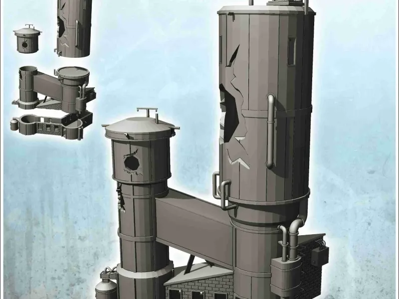 Double industrial grain tank with annex and outside pipes (d