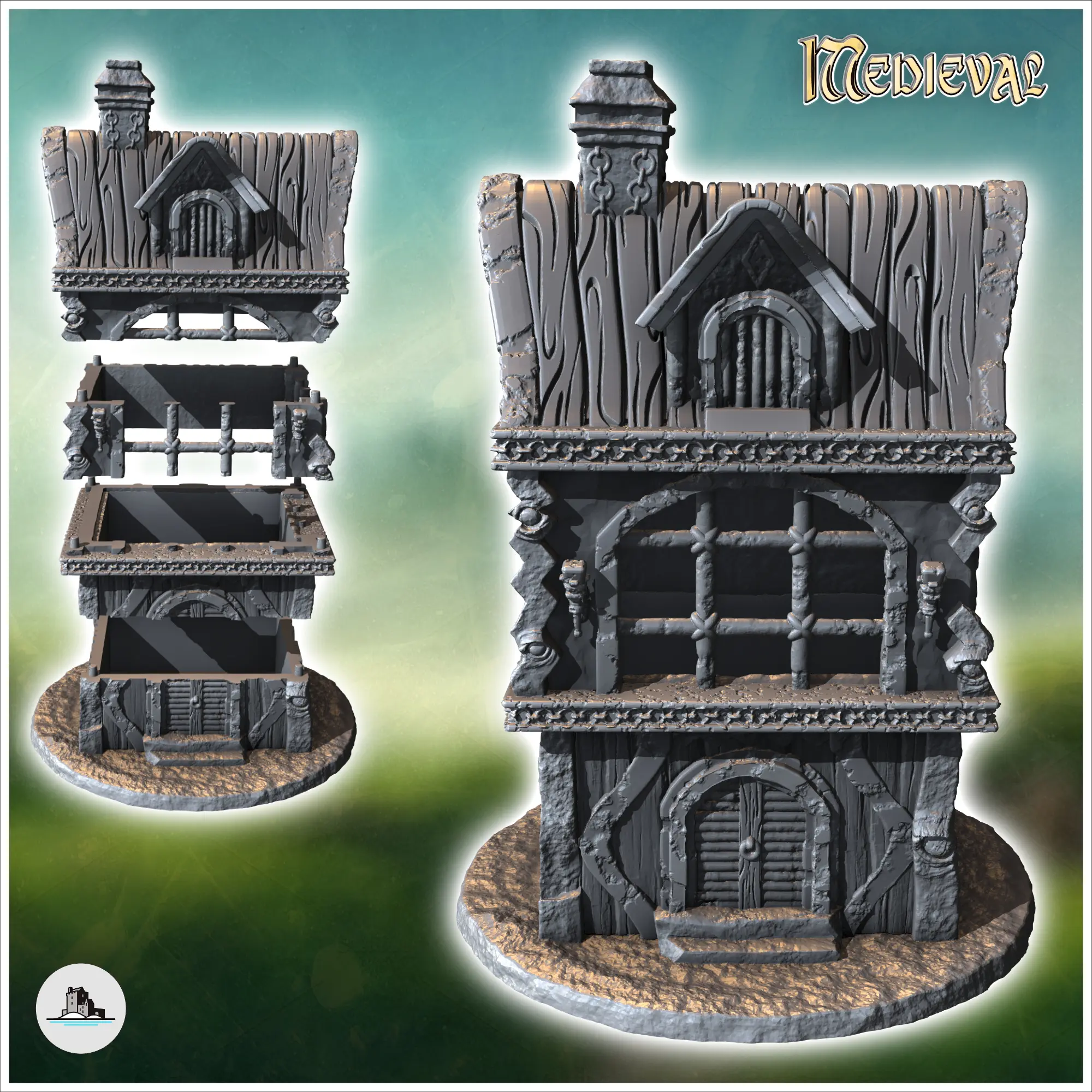 Casa medieval con dos plantas, chimenea y grandes ventanales