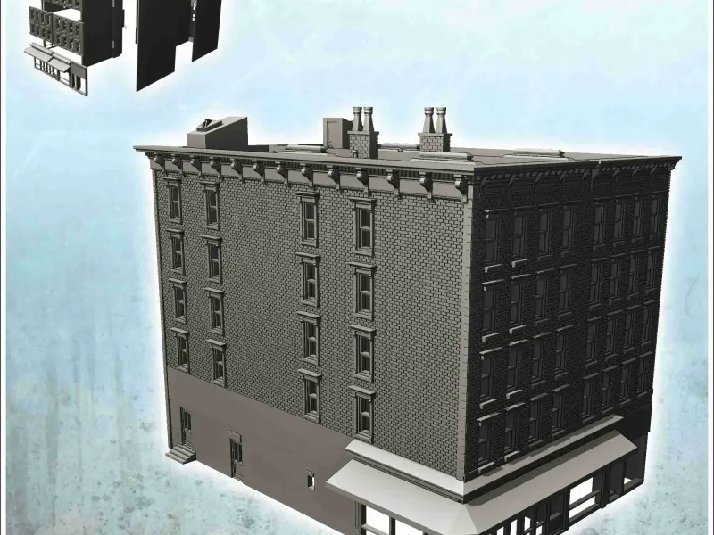 Large modern corner building with store with canopies and ro