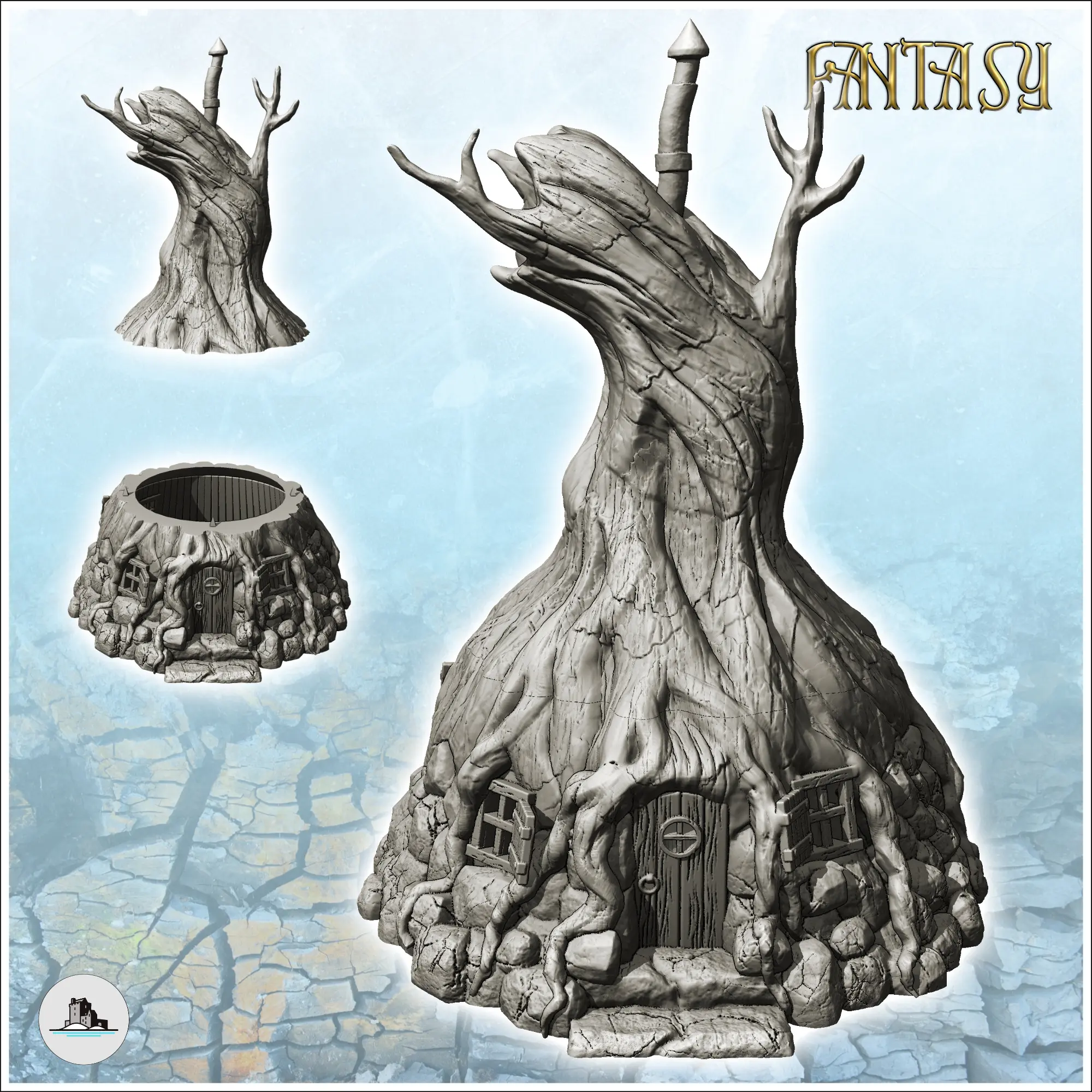 Medieval fantasy house in a tree trunk with stone base (27)