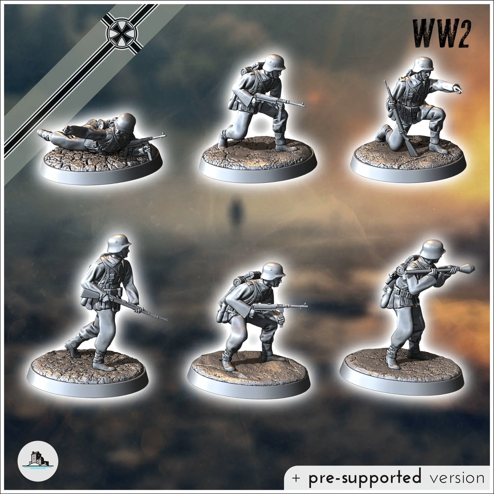Set of six German WW2 infantry troops (with MP40, Panzerfaus