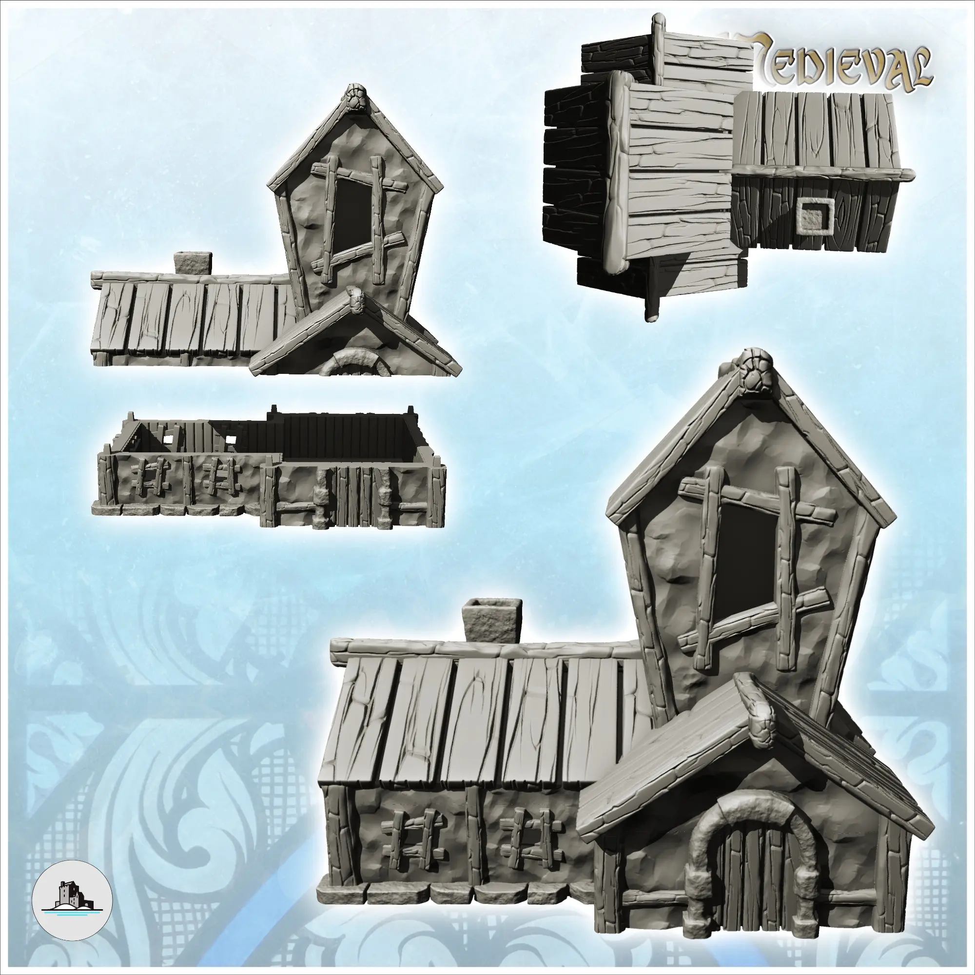 Medieval house with wooden roof and central tower with windo