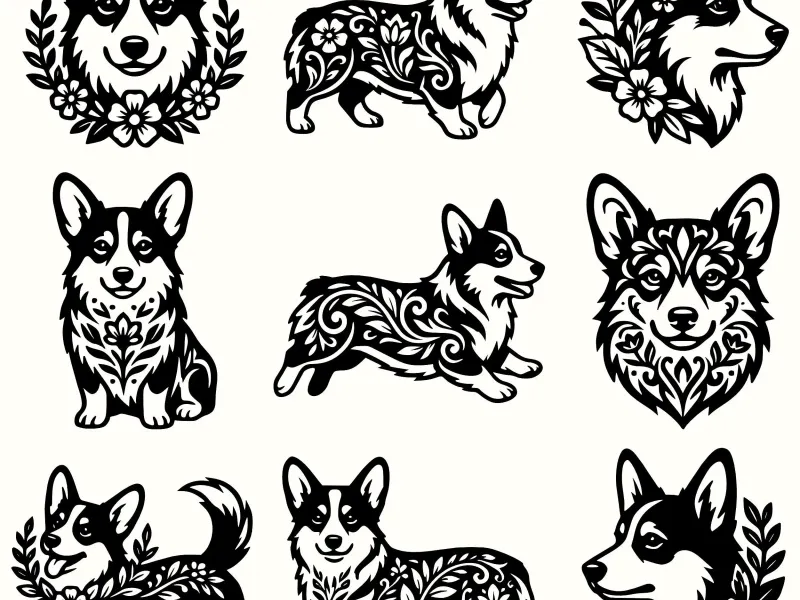 Floral Corgi Dog Wall Art Pack – Decorative Corgi Designs