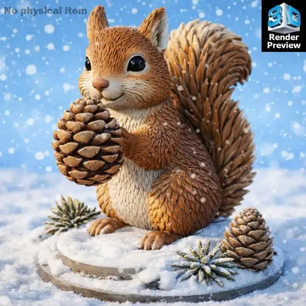 Cute Winter Squirrel Figurine Holding Pine Cone – Printable 