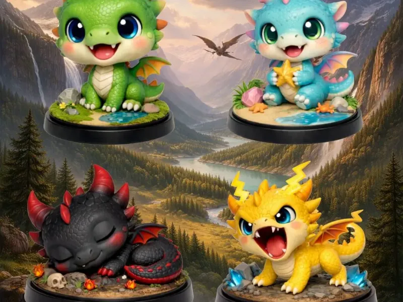 Chibi Elementaire Draken 4-Figurenset met Thematische Voetstukken