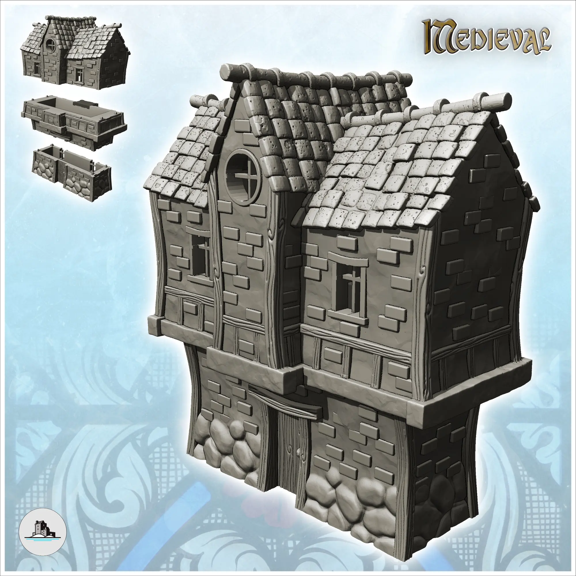 Casa medieval con vigas de madera con gran suelo de pizarra