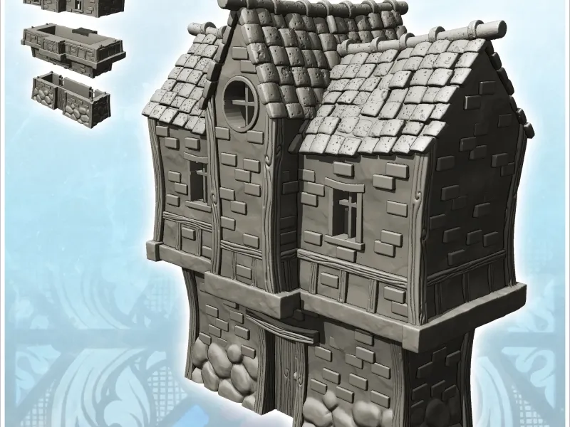 Medieval house with wooden beams with large floor with slate