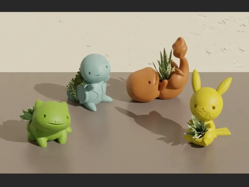 Sevimli Pokemon Saksı Bitkileri - Pikachu, Bulbasaur, Charmander, Sq