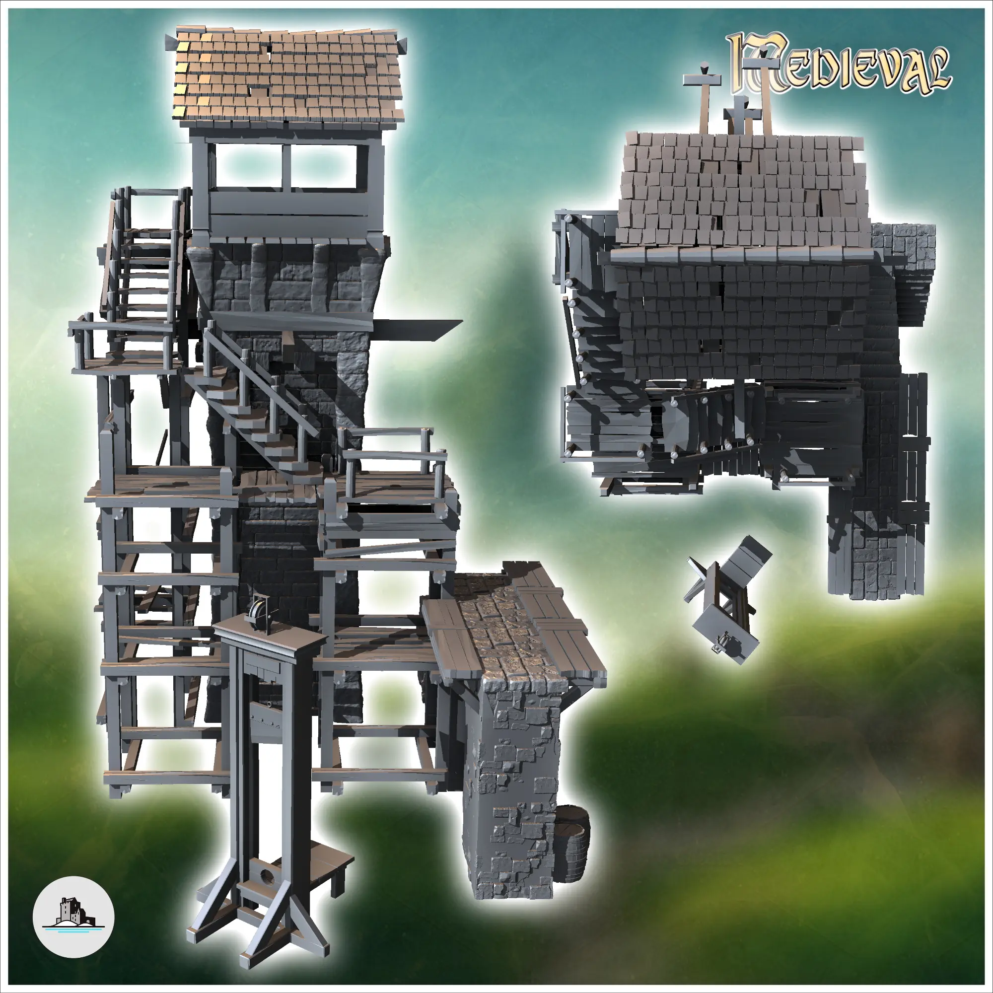 Torre medieval de piedra, escalera de madera y guillotina (14