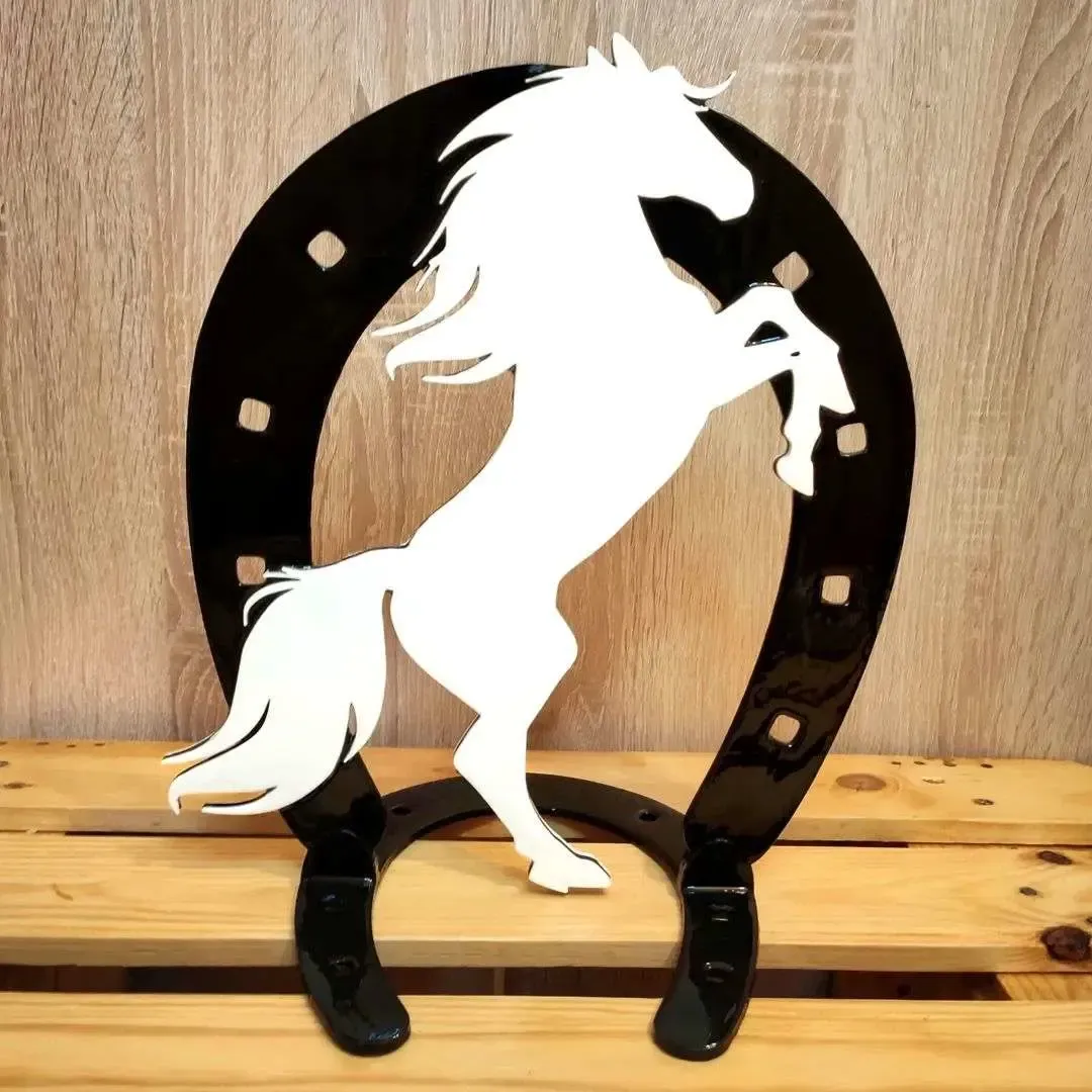 Horse in horseshoe decorative sculpture or wall 2D art