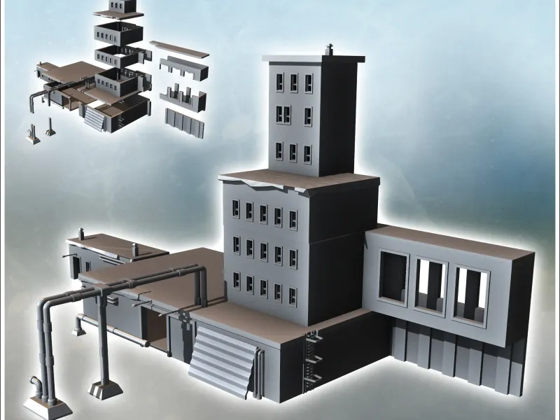 Bâtiment industriel moderne avec tuyauterie, grande tour centrale,