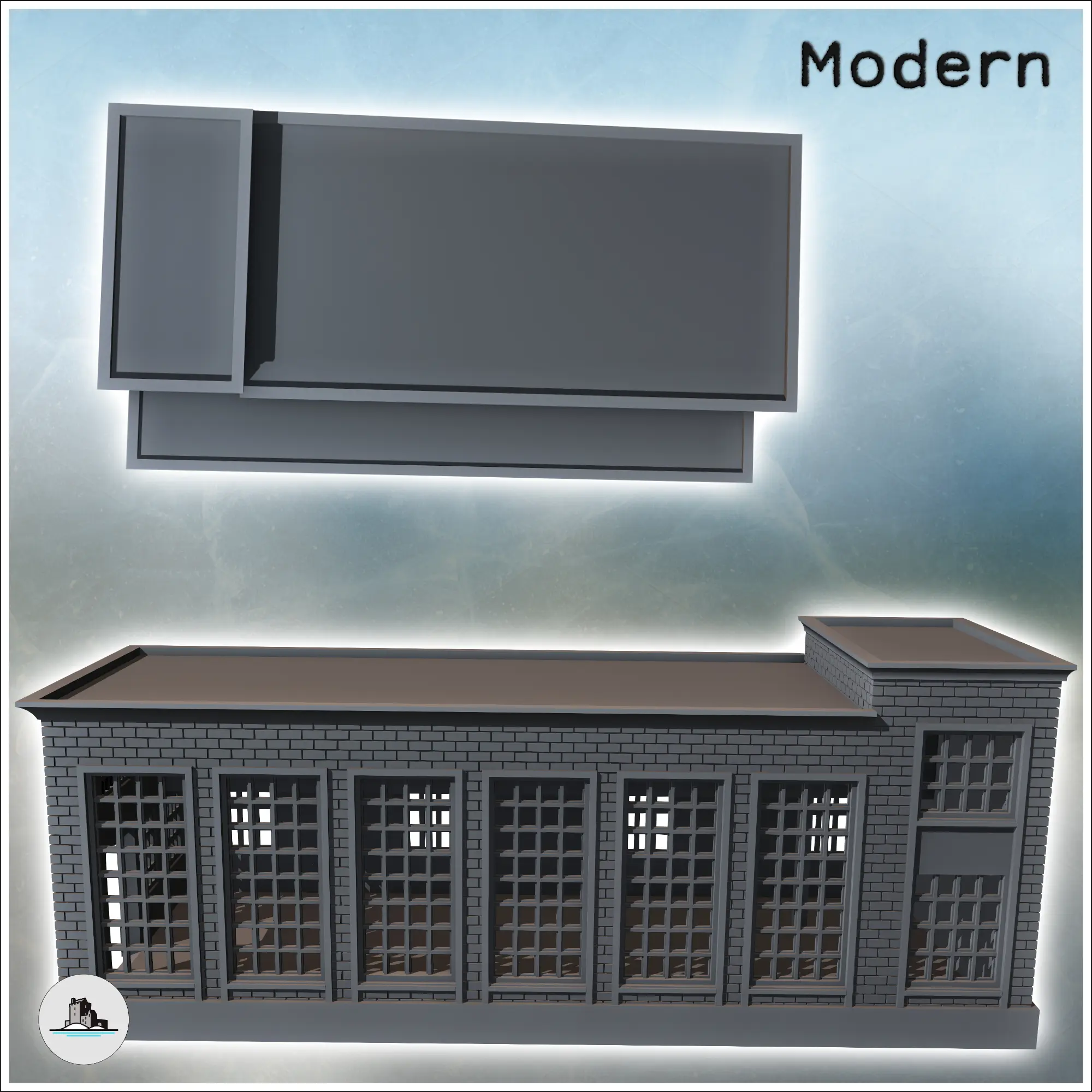 Modern industrial brick building with flat roofs, large acce