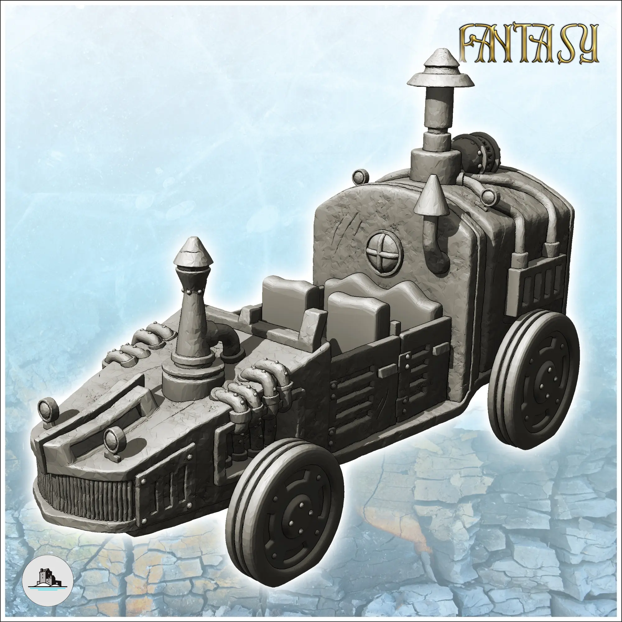 Voiture steampunk avec cheminée et gros moteur à l'arrière (4)