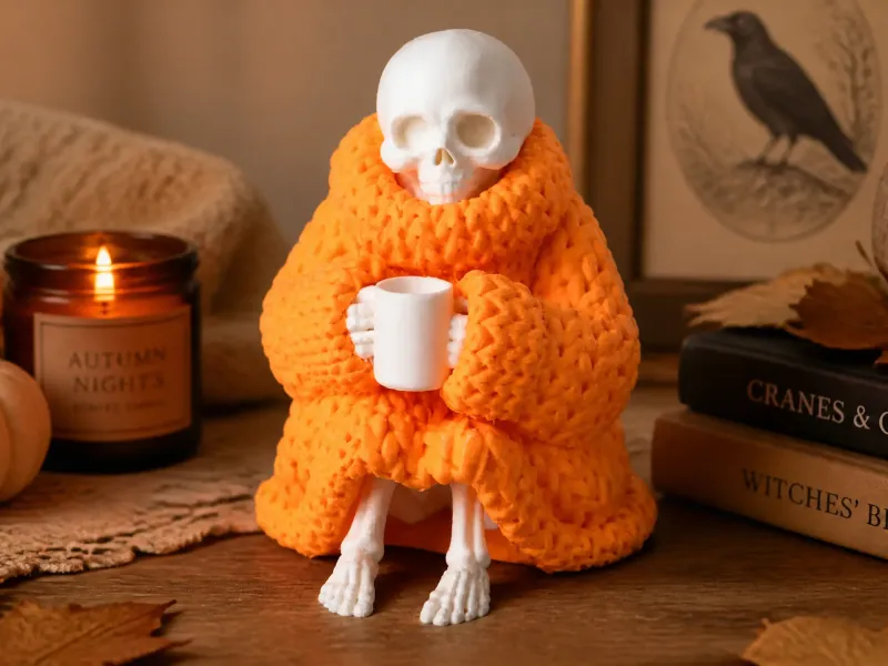 Cozy Skeleton with Mug - Cute Spooky Figurine