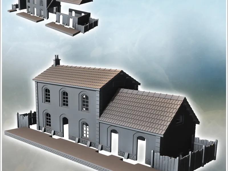 Railway station with annex building and wooden fence (intact