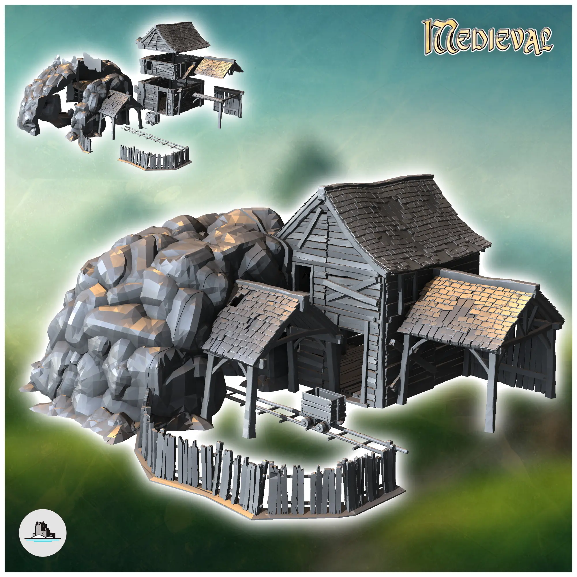 Medieval mine entrance with rails and mining building (8) -