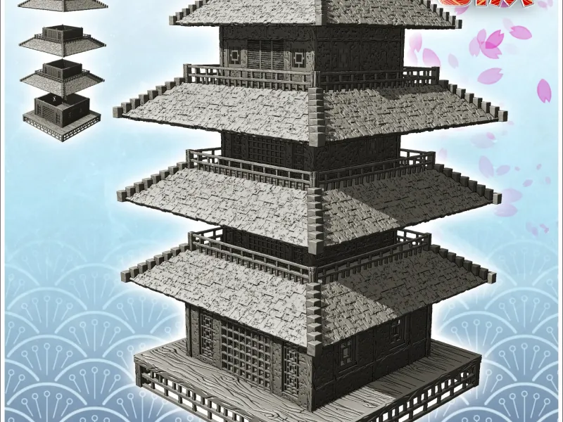 Large four-storey oriental pagoda with carved wooden platfor