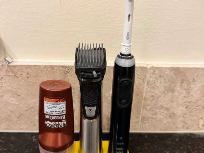 Bathroom holder for shaver, toothbrush & deodorant