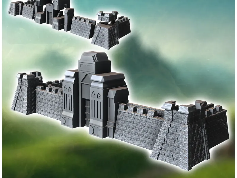 Medieval modular stone wall with large monumental carved doo