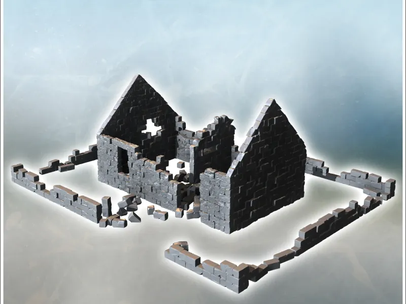 Stone house ruin with a central load-bearing wall and stone