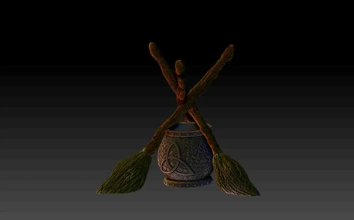 Witchcraft standing brooms and cauldron