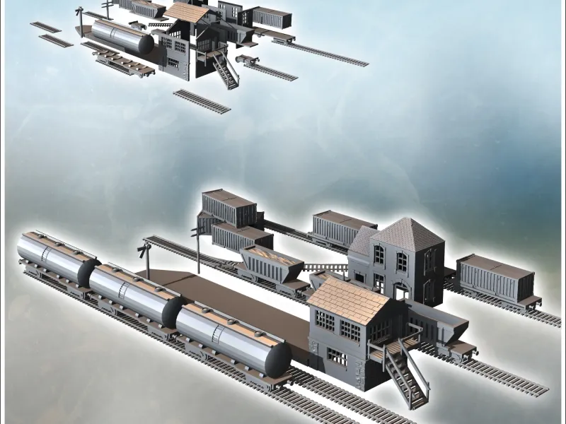 Industrial railway station with buildings, tracks and wagons