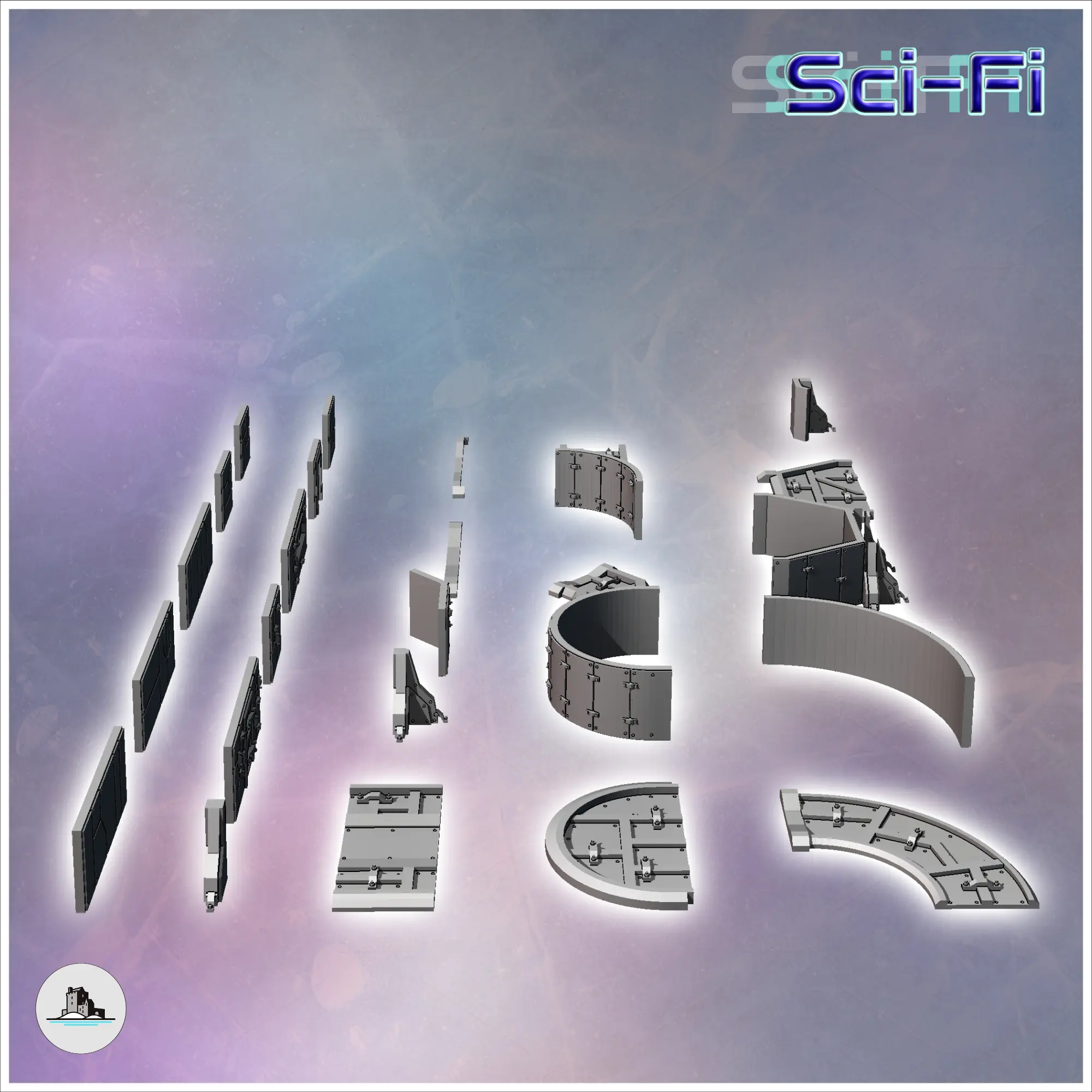 Modular futuristic Sci-Fi fortified bunker with corner metal