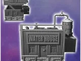 Futuristic western water storage building with pipes and tan-1