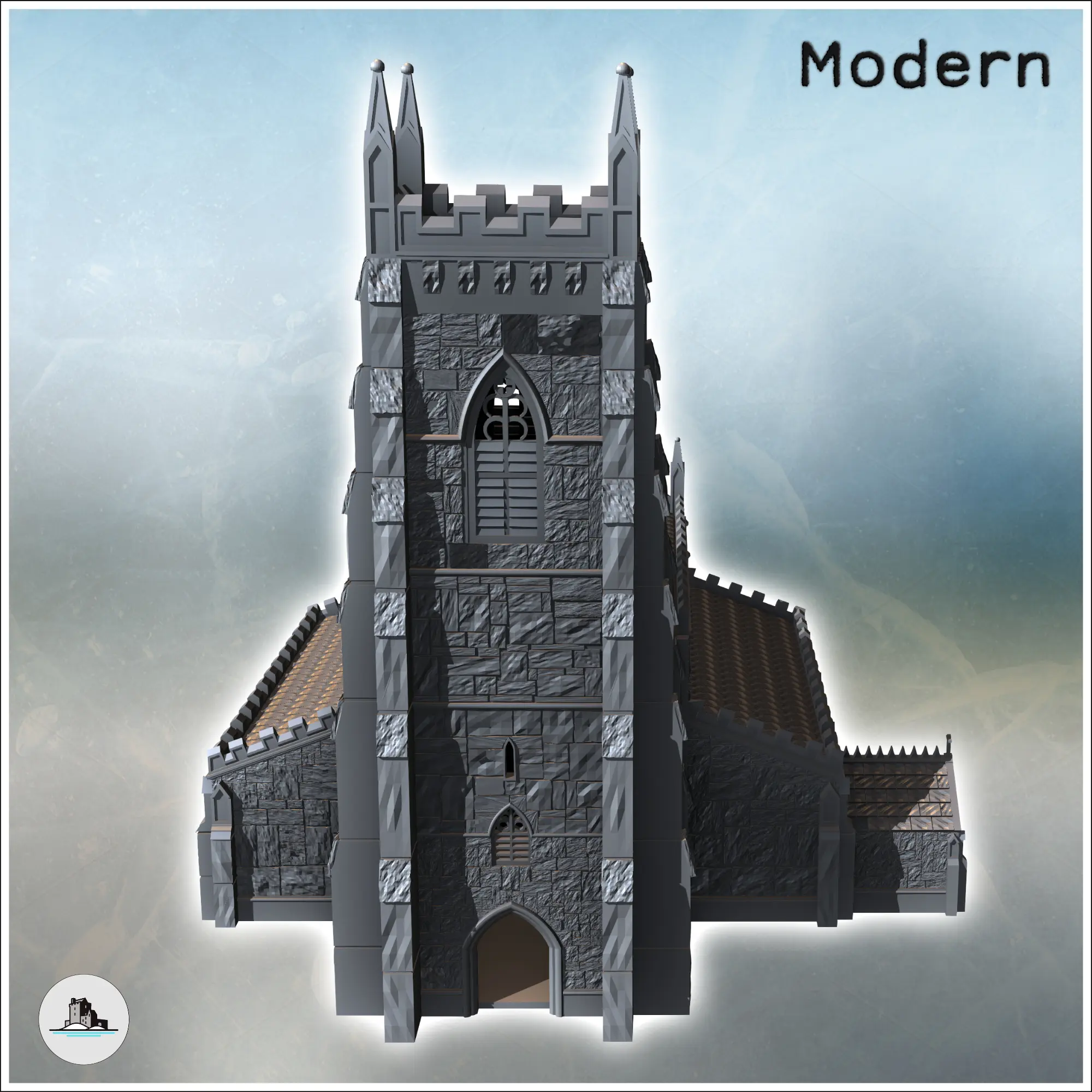 Igreja cristã com torre gótica de fachada quadrada e anel lateral