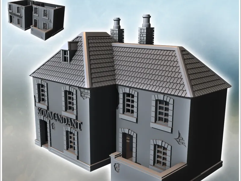Kommandantenhaus mit beschädigten Wänden, Schieferdach und zwei Ch