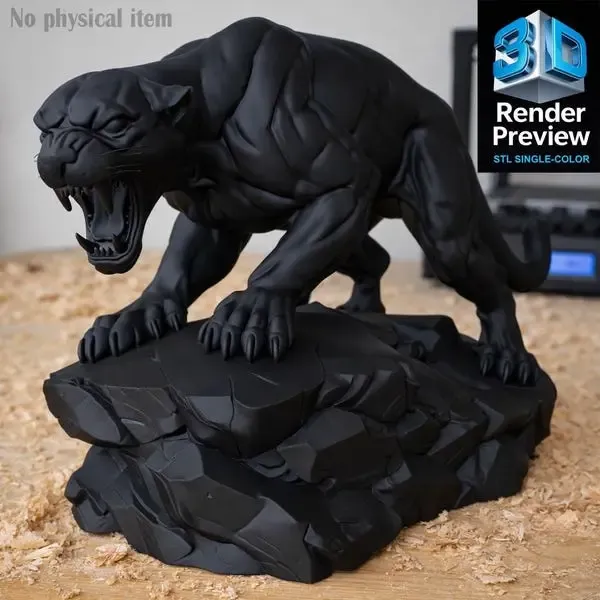 Angry Black Panther Statue STL | Roaring Panther 3D Model | 
