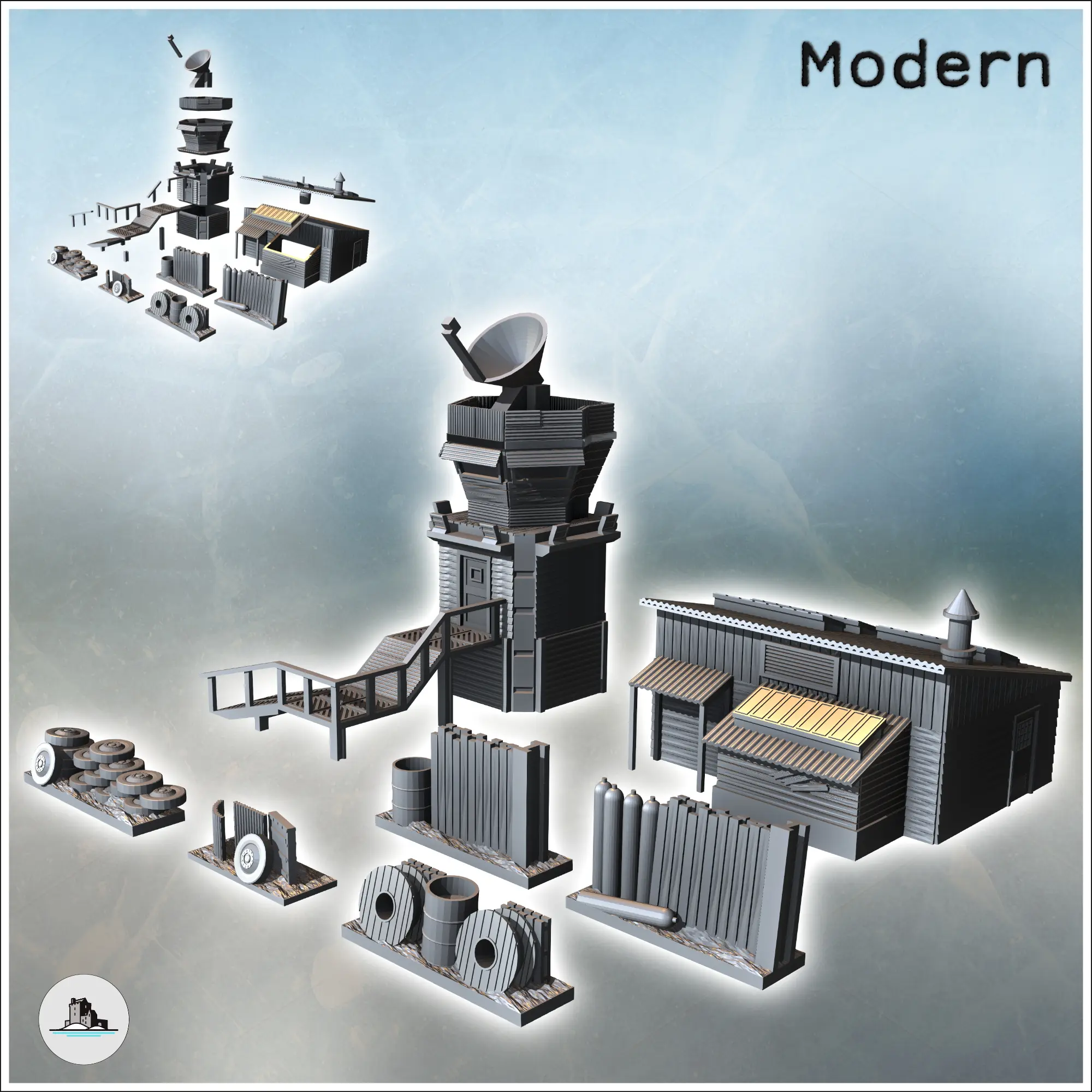 Modern Building & Accessory Set with Control Tower & Dish (2