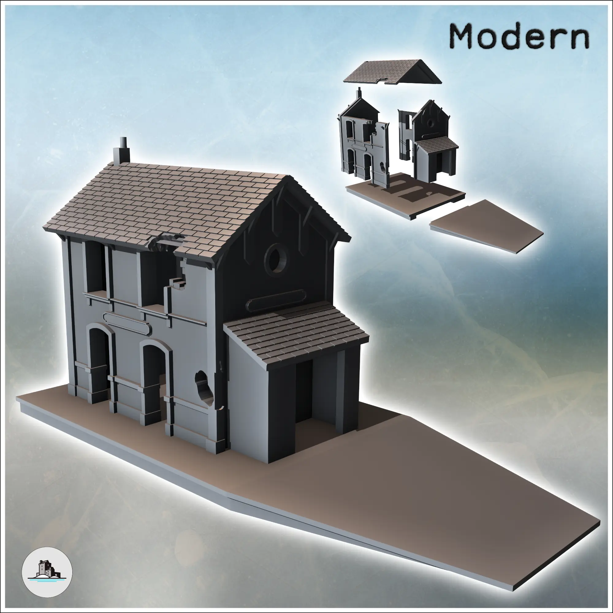 Small railway station with passenger platforms and annex wit