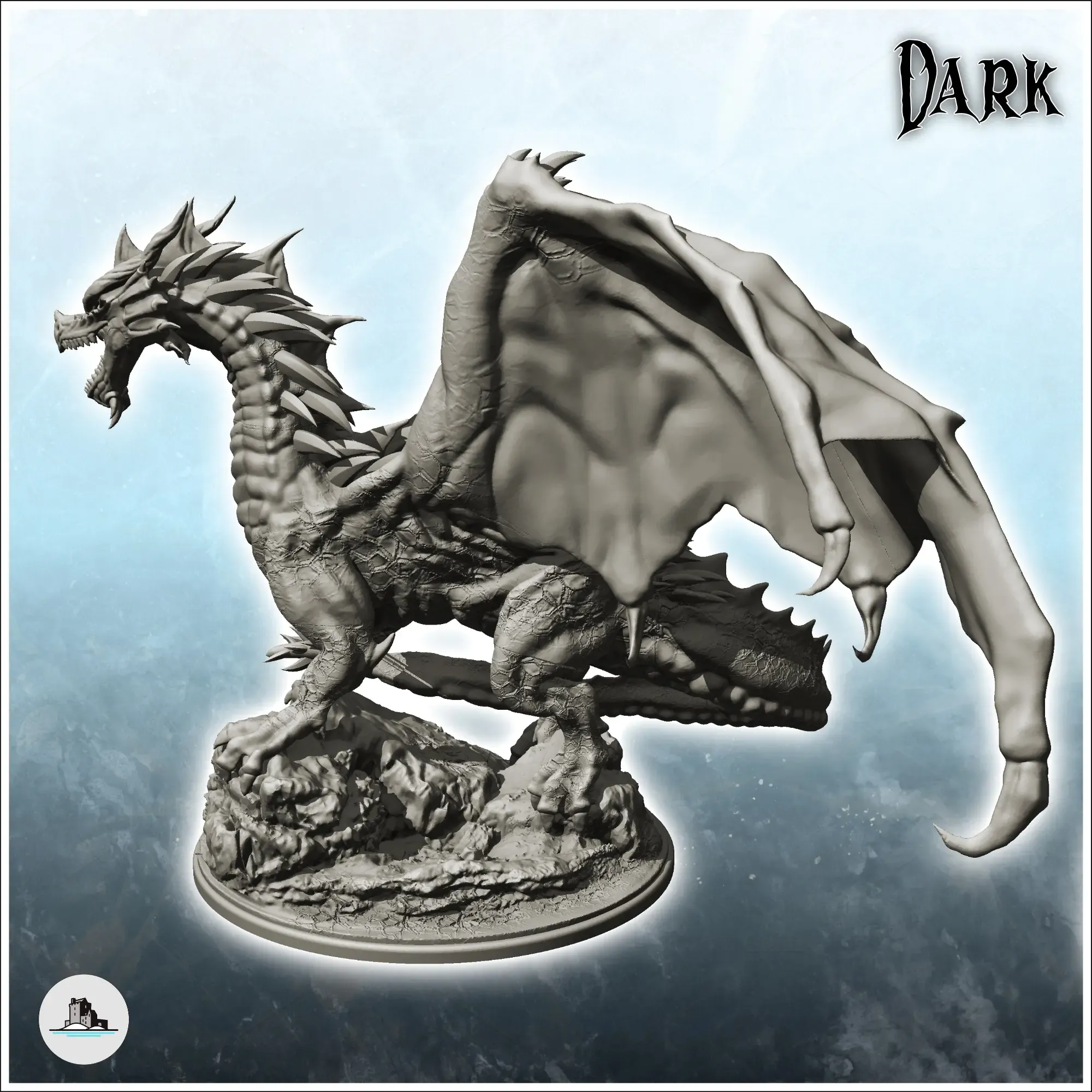 Dragon with open mouth and spiked tail on rock - figure mini