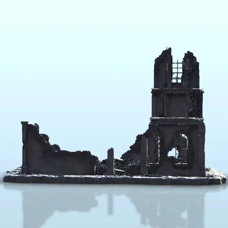 Ruined building with tower 20 - WW2 Terrain scenery diaroma