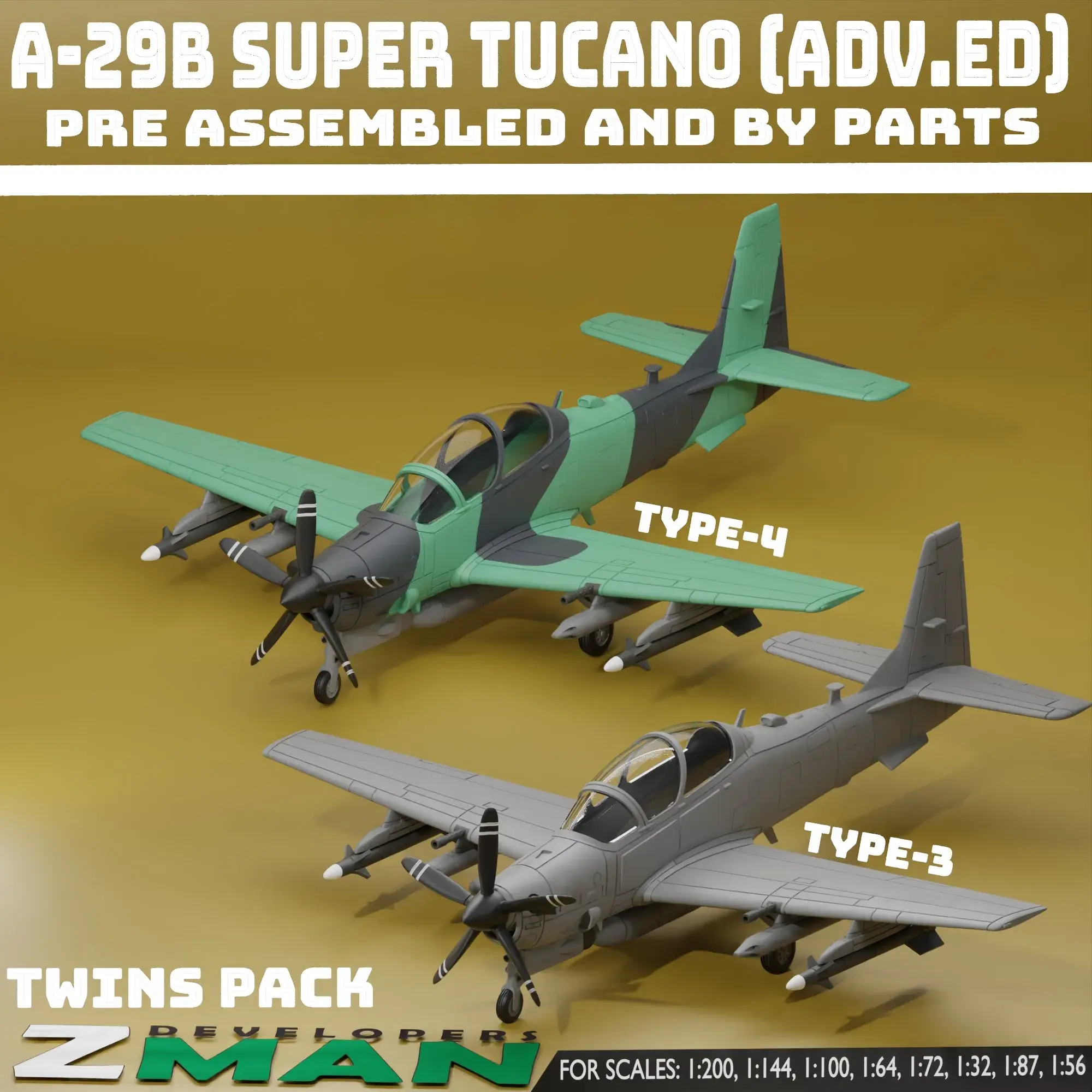 EMB-314 (A-29B SUPER TUCANO ADV) TWINS PACK V3 STL & 3MF File for