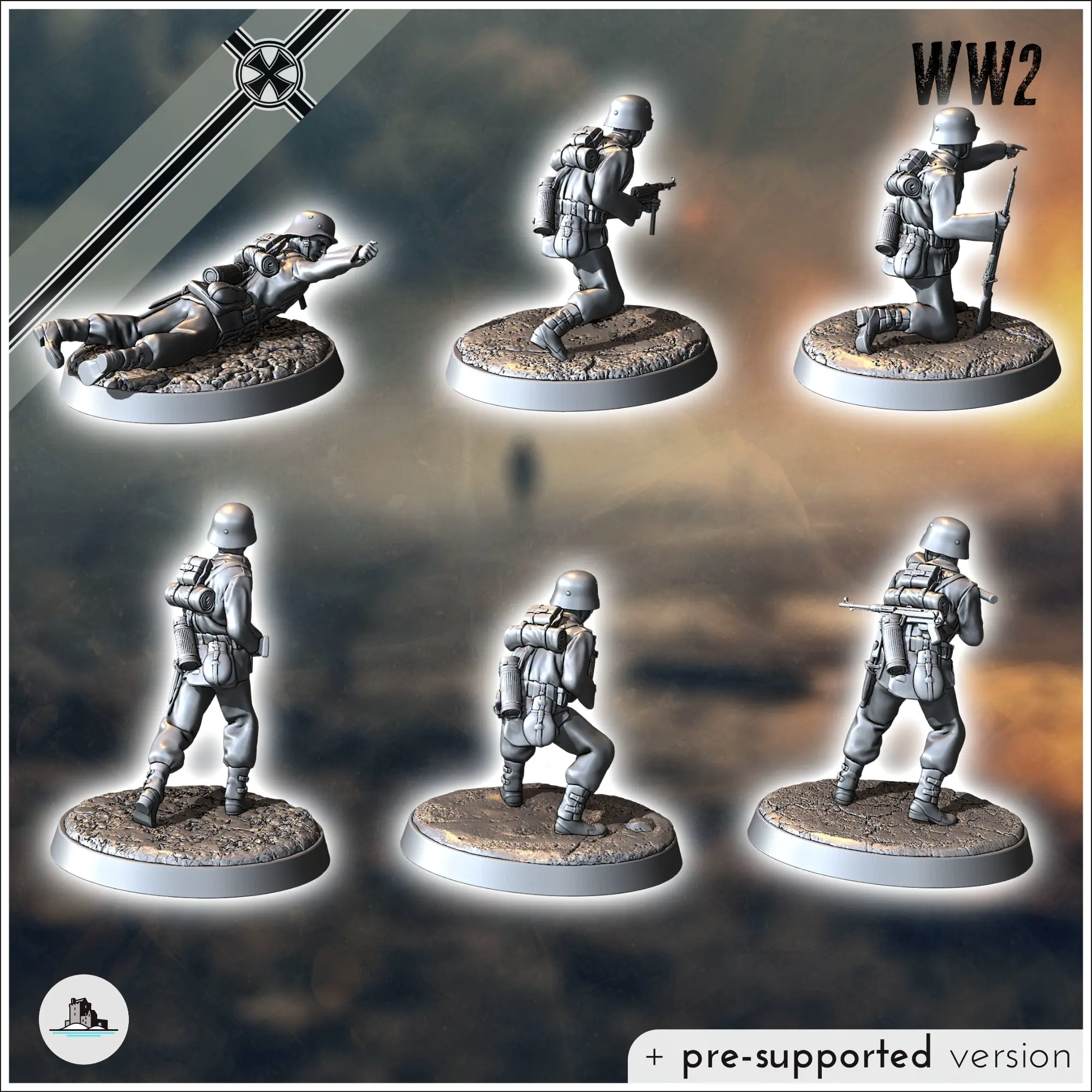 Set of six German WW2 infantry troops (with MP40, Panzerfaus