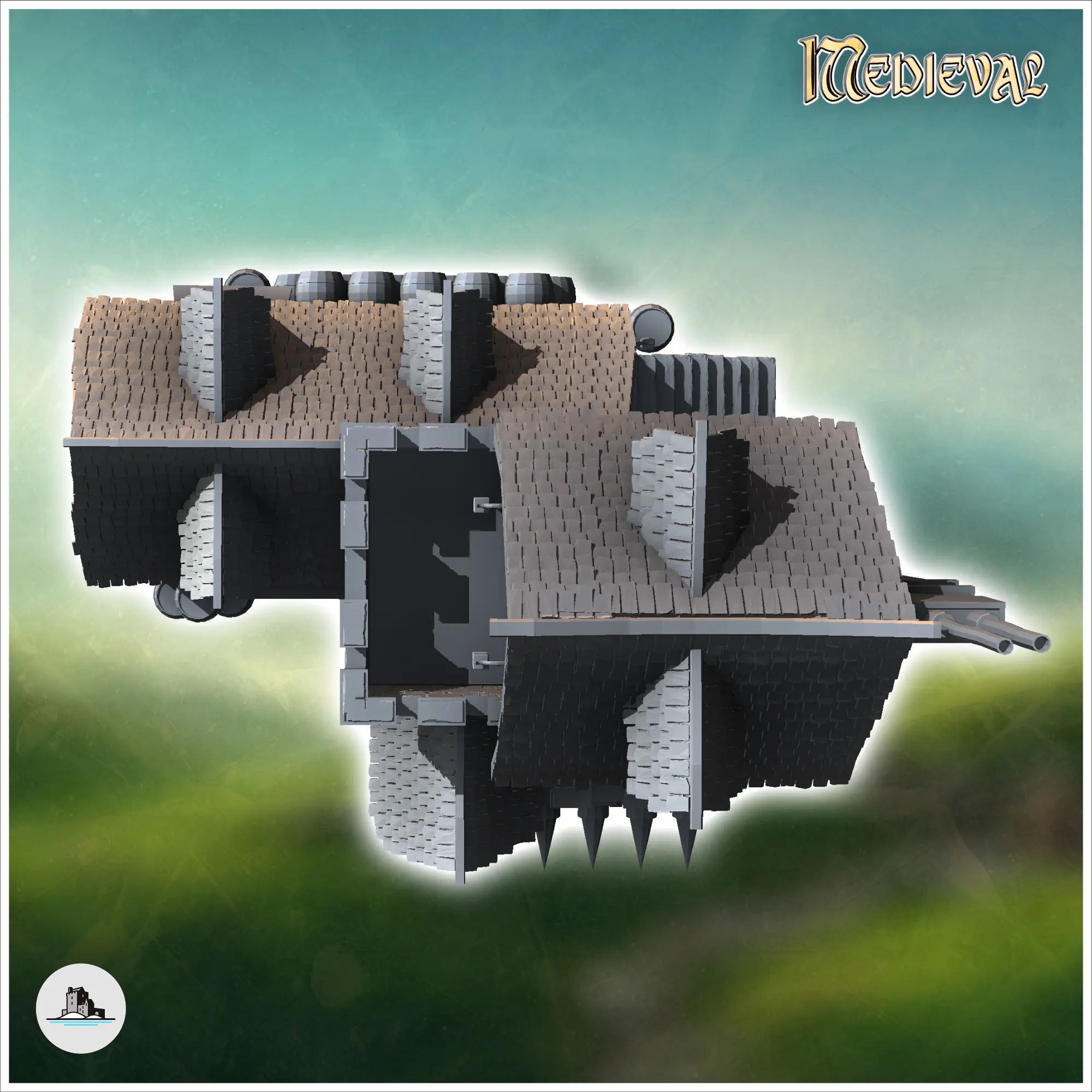 Large fortified medieval building with battlements and defen