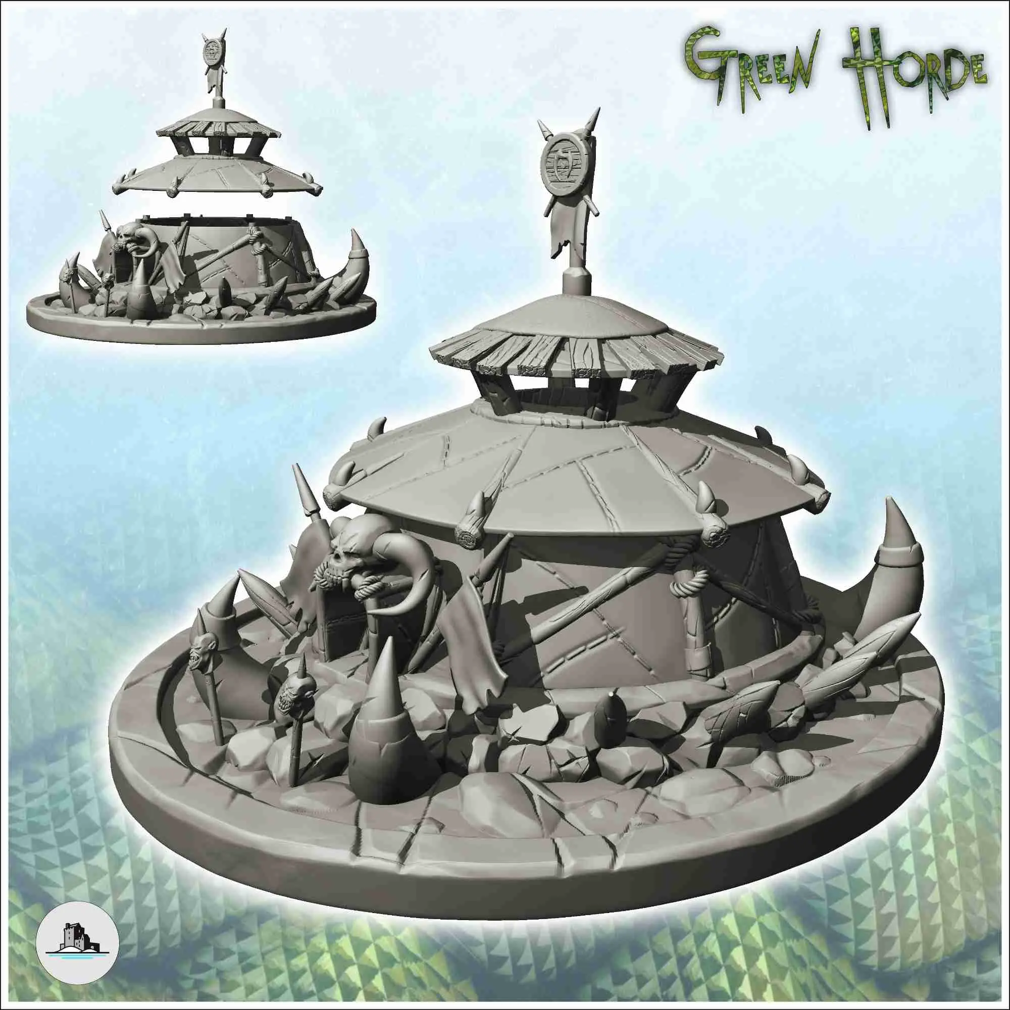 Circular chaos building with skull statue and shield flag (7
