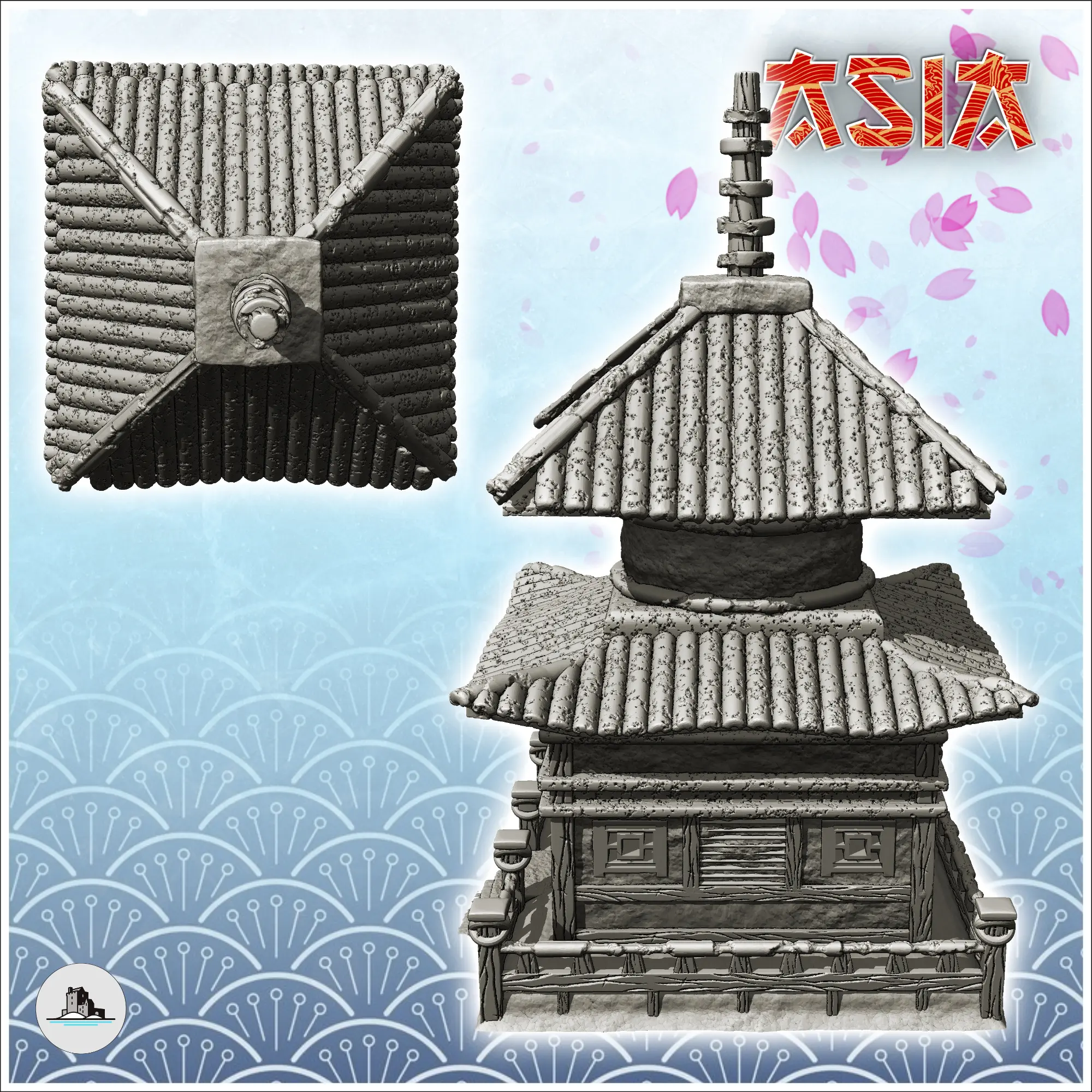 Pagoda oriental con escalera de acceso, tejado doble curvo y