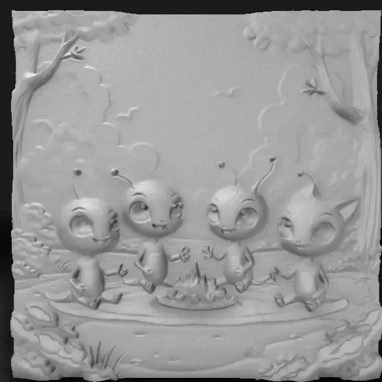 Friendly alien family picnic on a strange planet