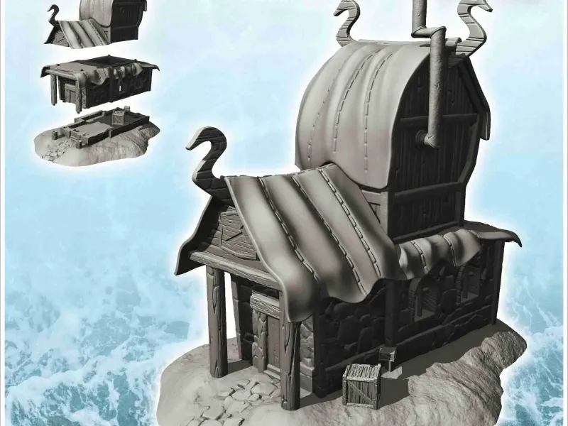 Viking building with wooden emblems and exterior pipes with