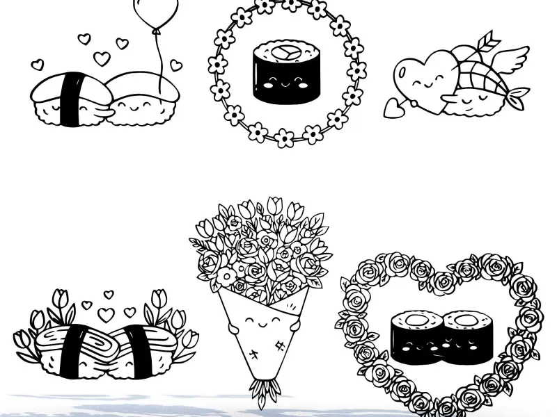 Valentine Sushi Line Art Set – 6 Cute Romantic Kawaii Design