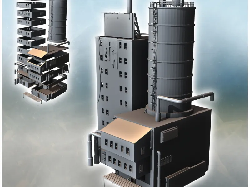 Modern building with a large silo, pipes, and overhanging an