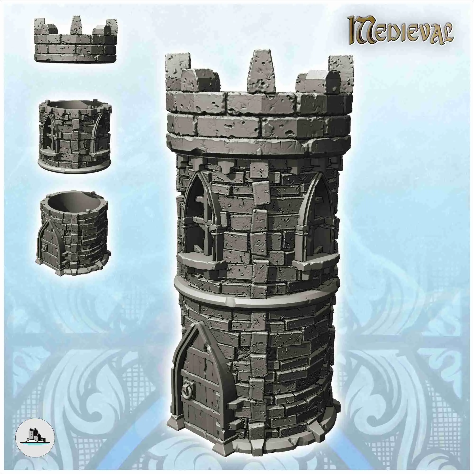 Turn medieval rotund din piatră cu creneluri și fereastră gotică
