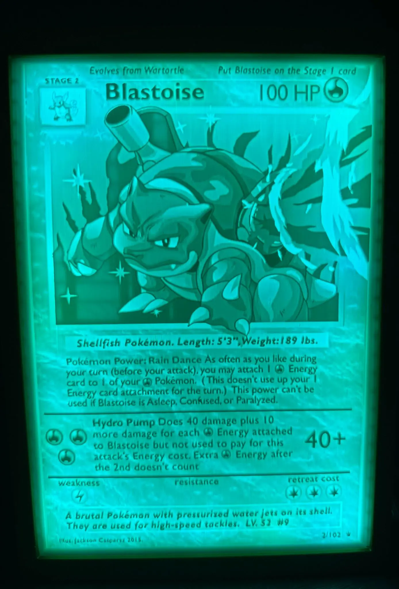 TARJETA POKEMON MARCO DE LITHOPHANE CON BLASTOISE LITOGRAFÍA